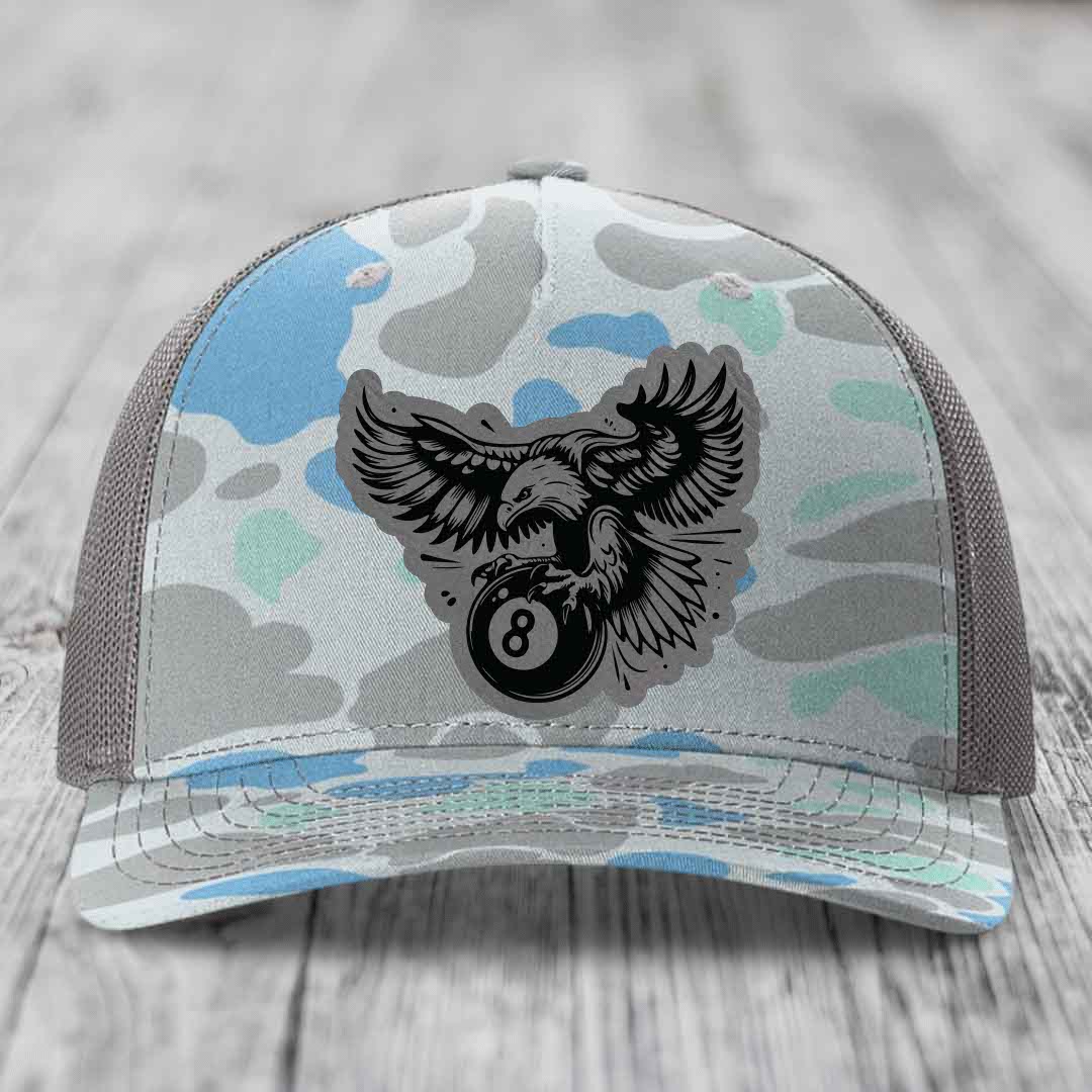 Eagle 8 Ball - Leather Patch Hat - Grey to Black Patch - Richardson 112PFP Snapback Trucker Hat