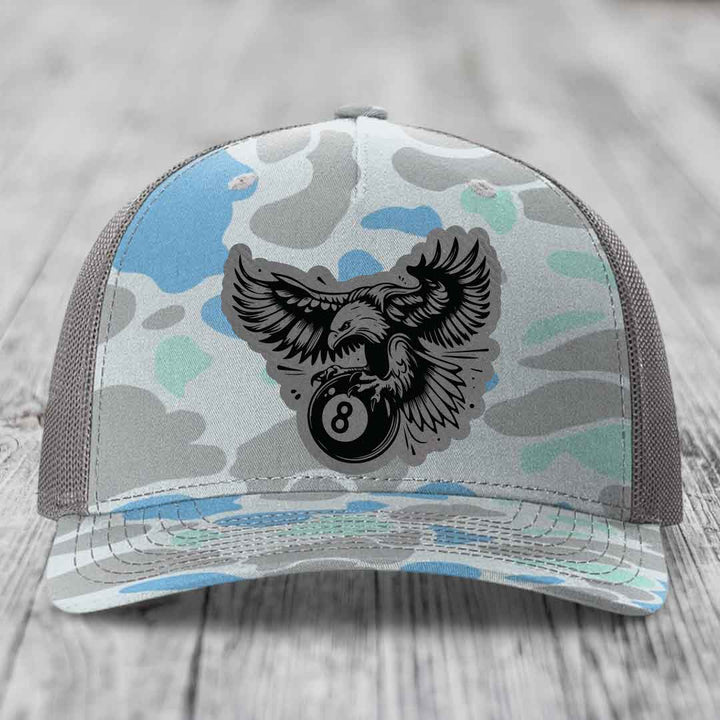 Eagle 8 Ball - Leather Patch Hat - Grey to Black Patch - Richardson 112PFP Snapback Trucker Hat