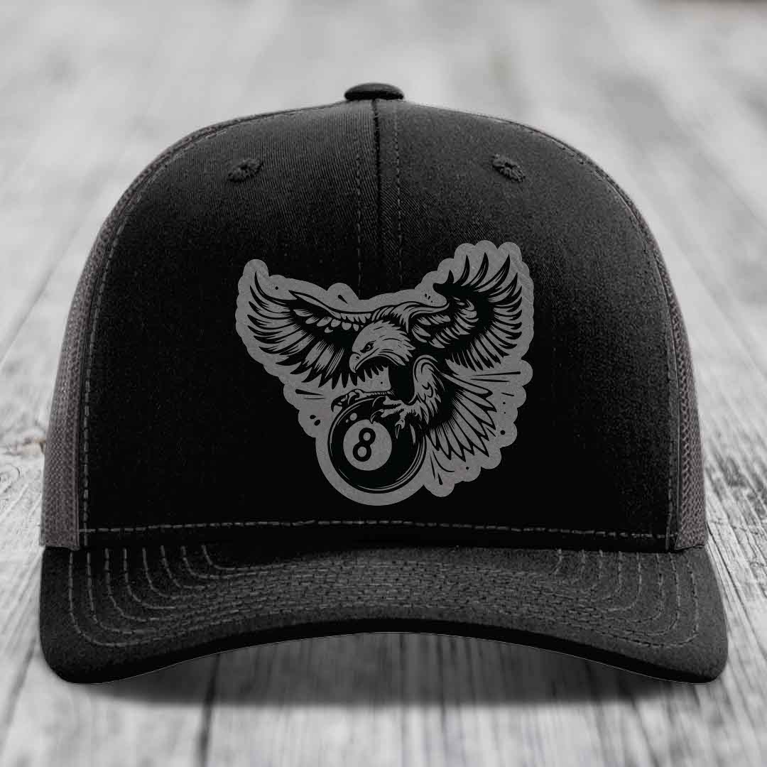 Eagle 8 Ball - Leather Patch Hat - Grey to Black Patch - Richardson 112 Snapback Trucker Hat
