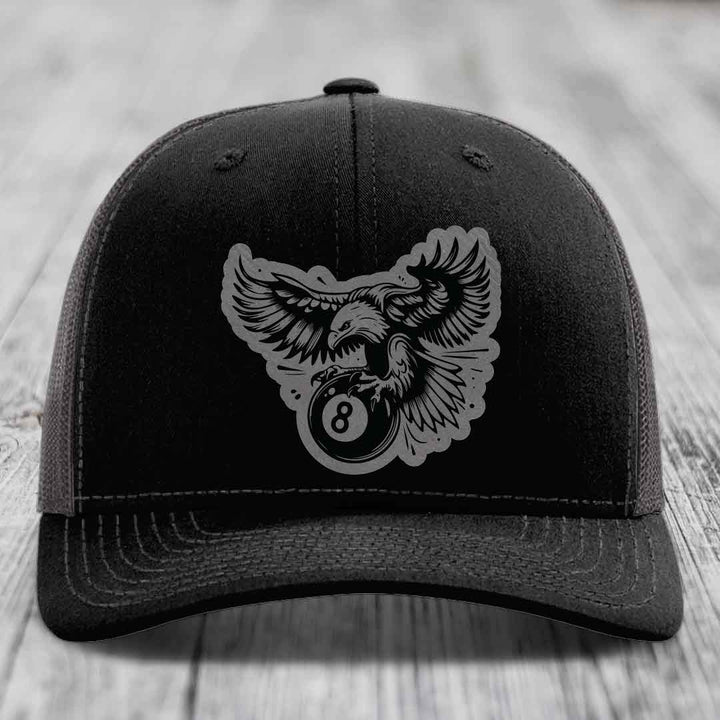 Eagle 8 Ball - Leather Patch Hat - Grey to Black Patch - Richardson 112 Snapback Trucker Hat
