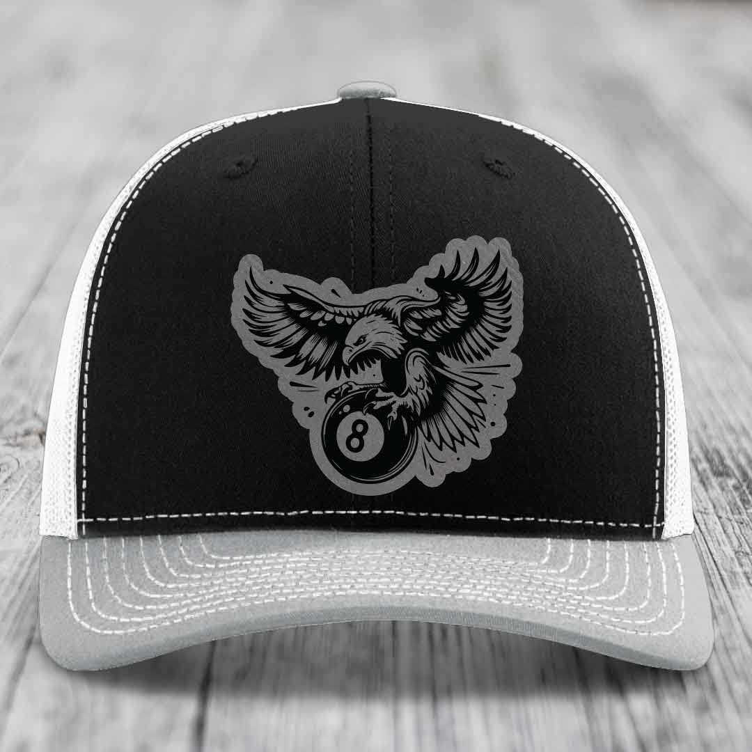 Eagle 8 Ball - Leather Patch Hat - Grey to Black Patch - Richardson 112 Snapback Trucker Hat