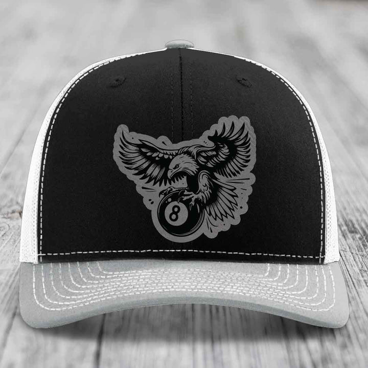 Eagle 8 Ball - Leather Patch Hat - Grey to Black Patch - Richardson 112 Snapback Trucker Hat