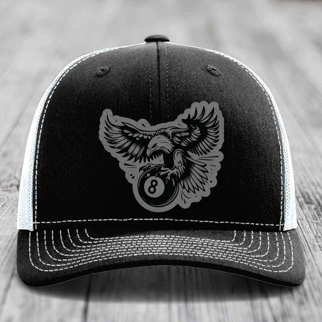 Eagle 8 Ball - Leather Patch Hat - Grey to Black Patch - Richardson 112 Snapback Trucker Hat