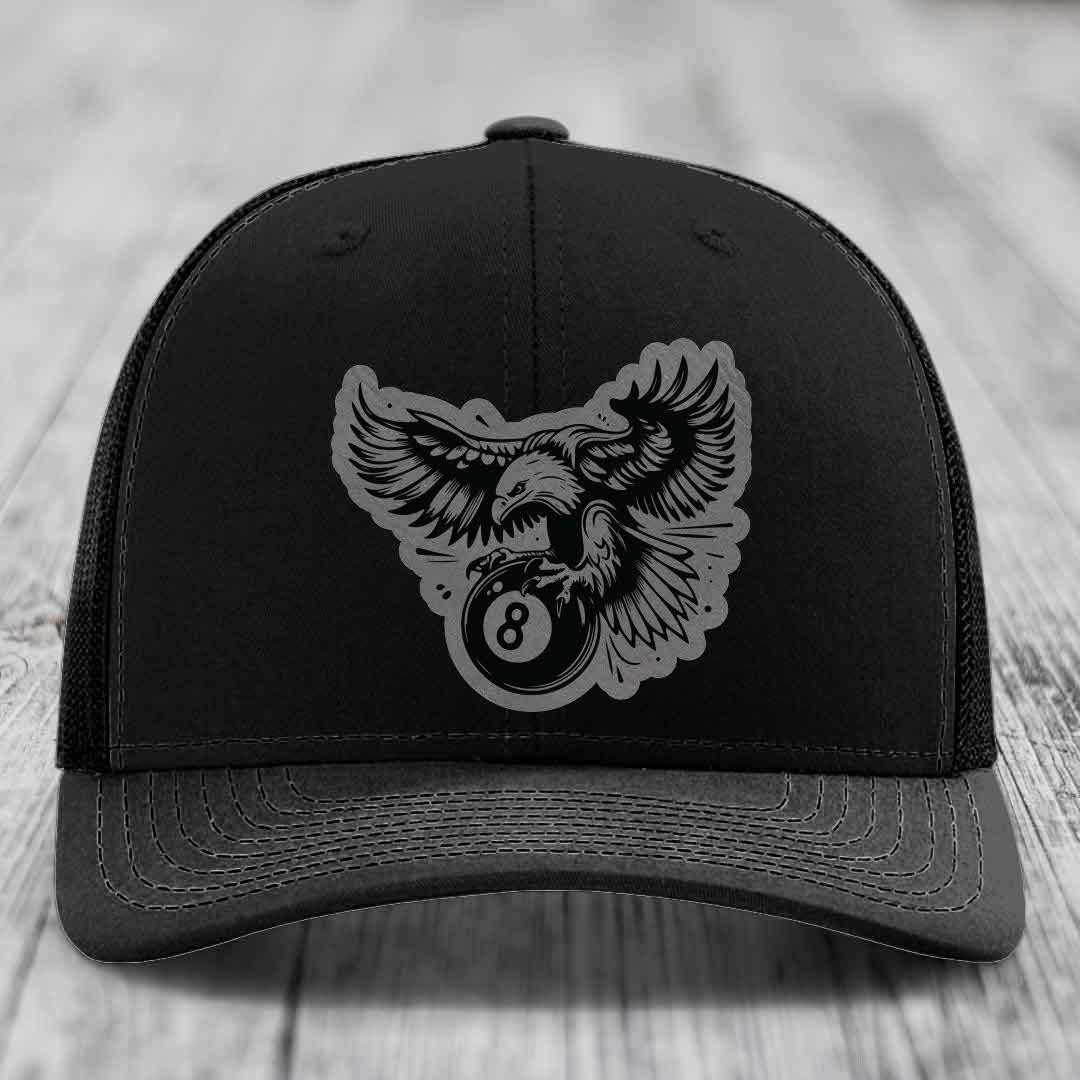 Eagle 8 Ball - Leather Patch Hat - Grey to Black Patch - Richardson 112 Snapback Trucker Hat