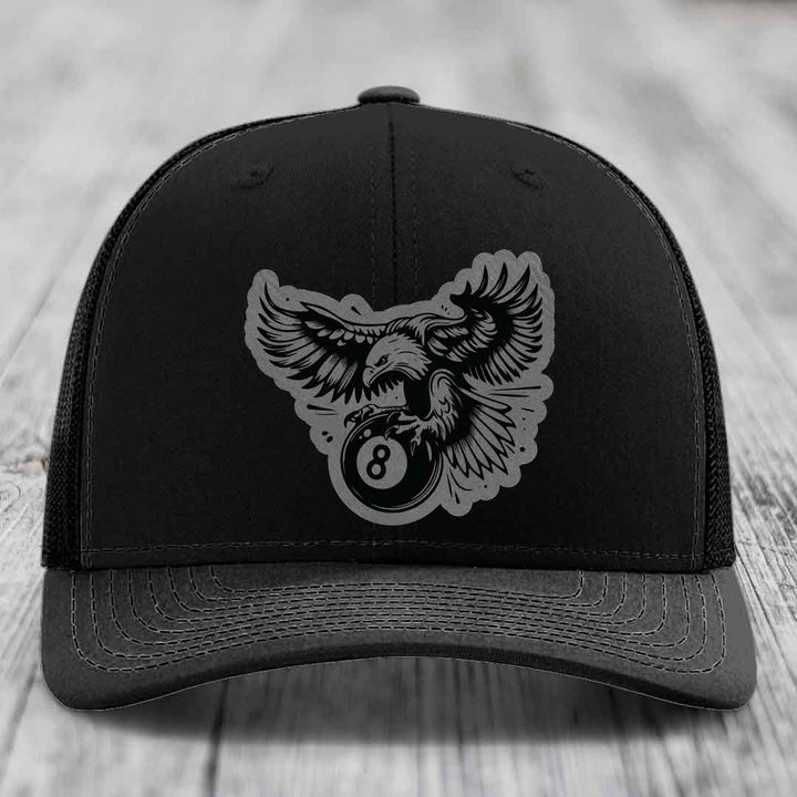 Eagle 8 Ball - Leather Patch Hat - Grey to Black Patch - Richardson 112 Snapback Trucker Hat