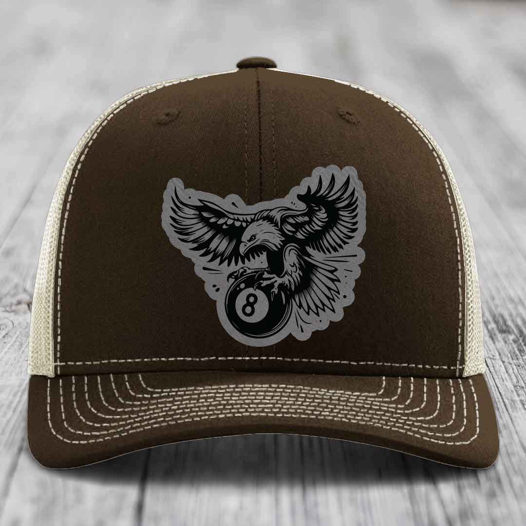 Eagle 8 Ball - Leather Patch Hat - Grey to Black Patch - Richardson 112 Snapback Trucker Hat
