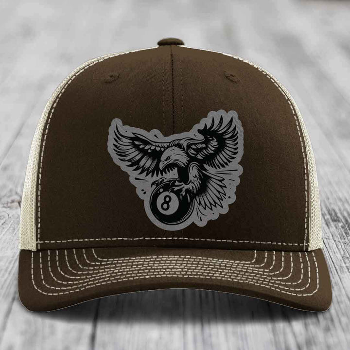 Eagle 8 Ball - Leather Patch Hat - Grey to Black Patch - Richardson 112 Snapback Trucker Hat