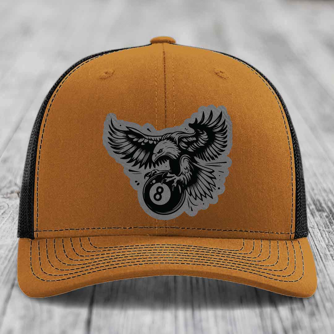 Eagle 8 Ball - Leather Patch Hat - Grey to Black Patch - Richardson 112 Snapback Trucker Hat