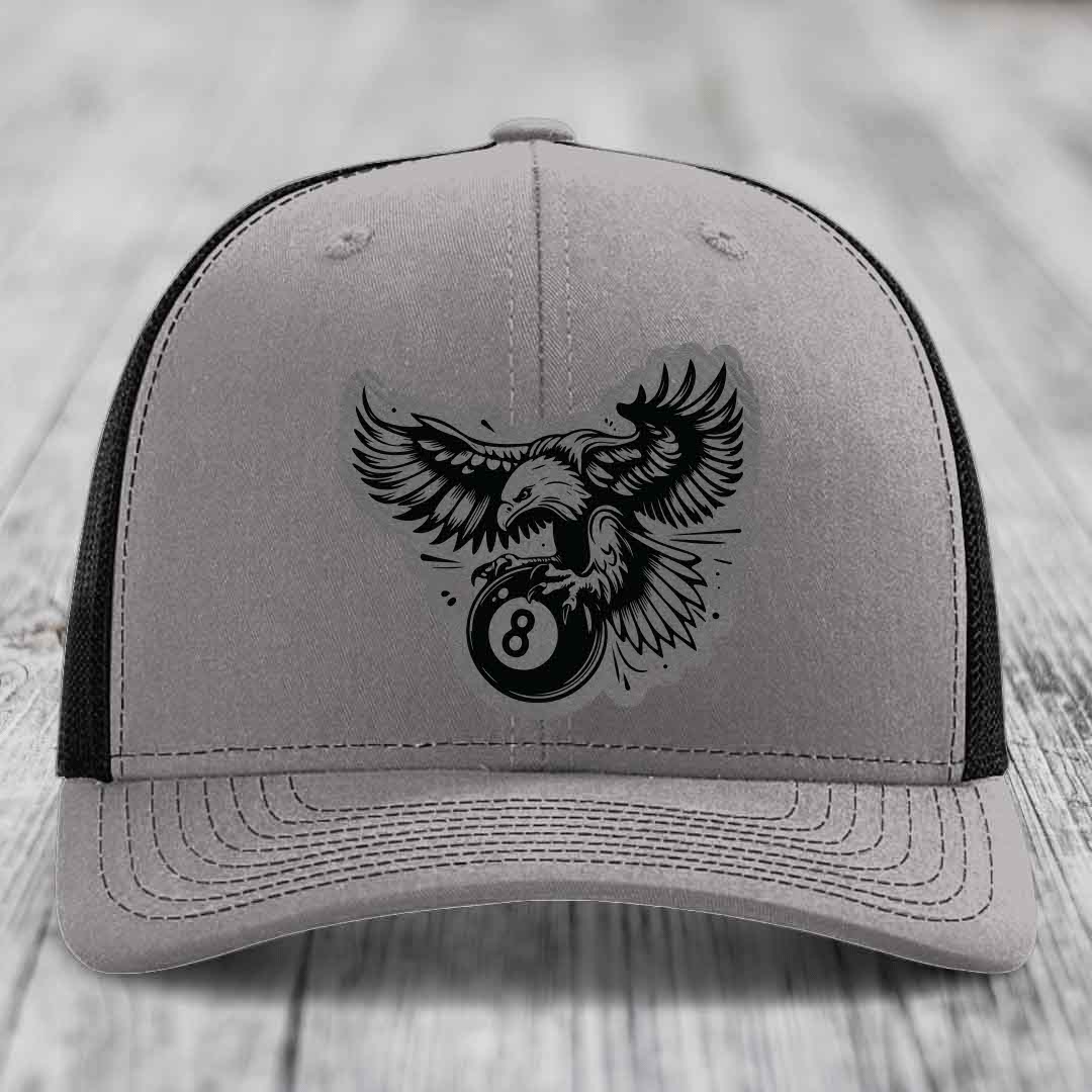 Eagle 8 Ball - Leather Patch Hat - Grey to Black Patch - Richardson 112 Snapback Trucker Hat