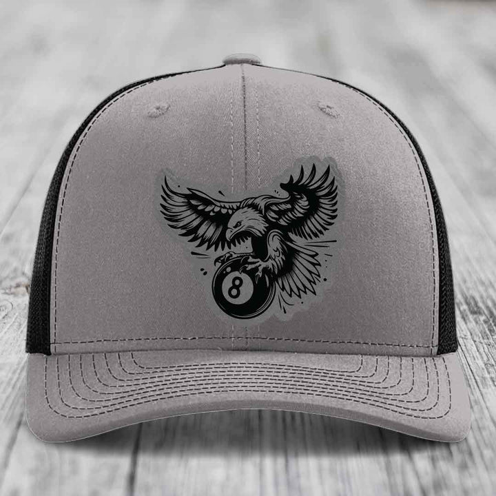Eagle 8 Ball - Leather Patch Hat - Grey to Black Patch - Richardson 112 Snapback Trucker Hat