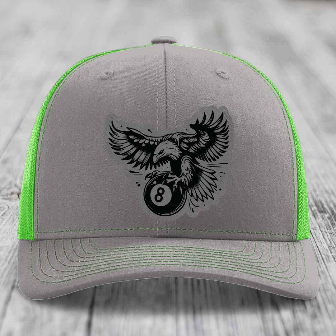 Eagle 8 Ball - Leather Patch Hat - Grey to Black Patch - Richardson 112 Snapback Trucker Hat