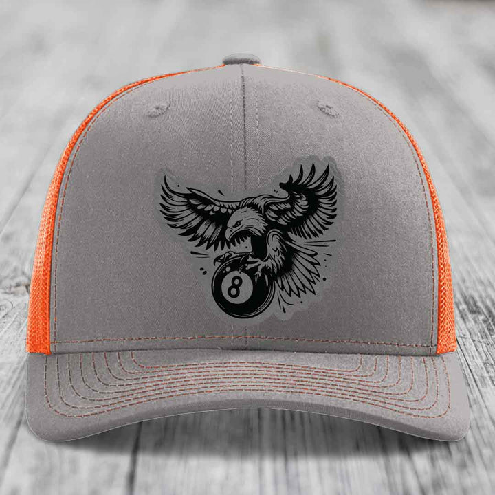 Eagle 8 Ball - Leather Patch Hat - Grey to Black Patch - Richardson 112 Snapback Trucker Hat