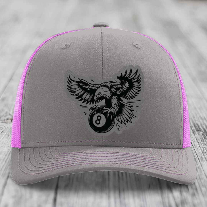 Eagle 8 Ball - Leather Patch Hat - Grey to Black Patch - Richardson 112 Snapback Trucker Hat