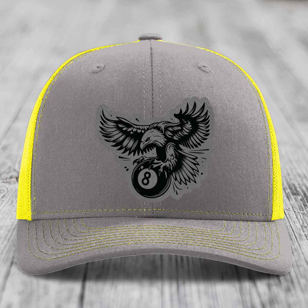 Eagle 8 Ball - Leather Patch Hat - Grey to Black Patch - Richardson 112 Snapback Trucker Hat
