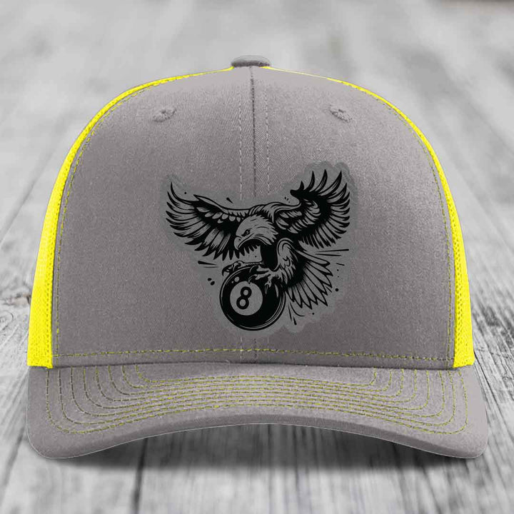 Eagle 8 Ball - Leather Patch Hat - Grey to Black Patch - Richardson 112 Snapback Trucker Hat
