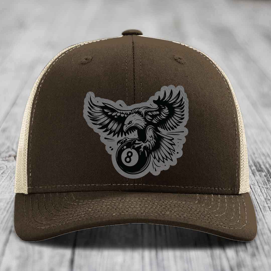 Eagle 8 Ball - Leather Patch Hat - Grey to Black Patch - Richardson 112 Snapback Trucker Hat