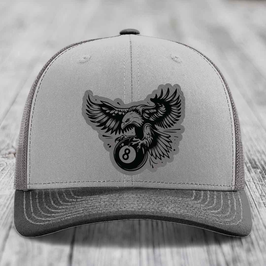 Eagle 8 Ball - Leather Patch Hat - Grey to Black Patch - Richardson 112 Snapback Trucker Hat