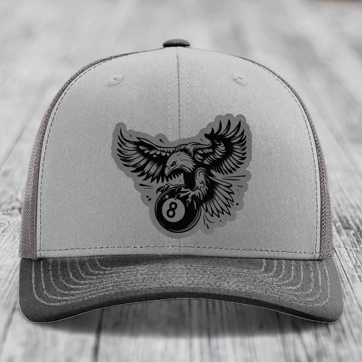 Eagle 8 Ball - Leather Patch Hat - Grey to Black Patch - Richardson 112 Snapback Trucker Hat