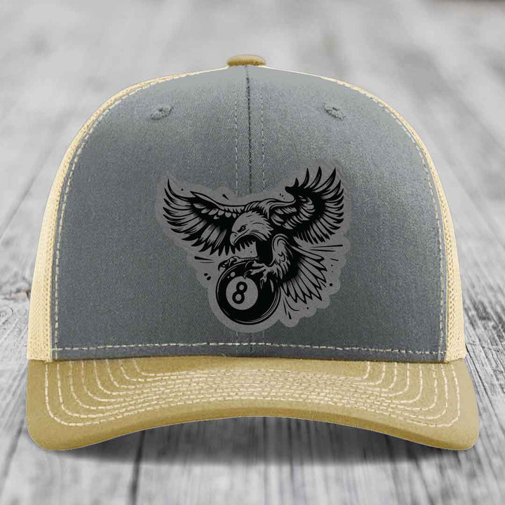 Eagle 8 Ball - Leather Patch Hat - Grey to Black Patch - Richardson 112 Snapback Trucker Hat