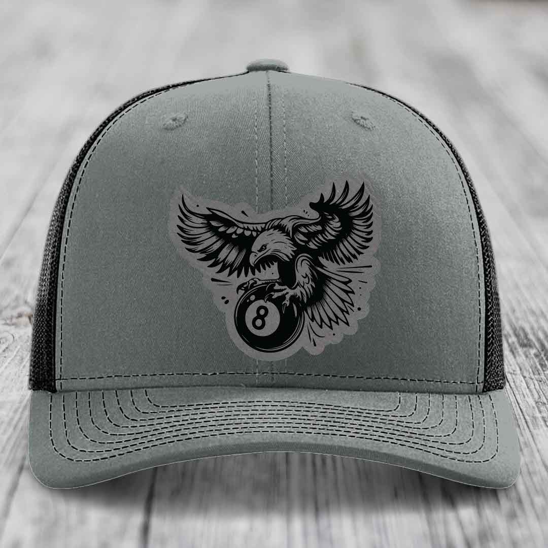 Eagle 8 Ball - Leather Patch Hat - Grey to Black Patch - Richardson 112 Snapback Trucker Hat