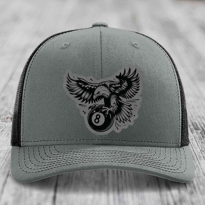 Eagle 8 Ball - Leather Patch Hat - Grey to Black Patch - Richardson 112 Snapback Trucker Hat