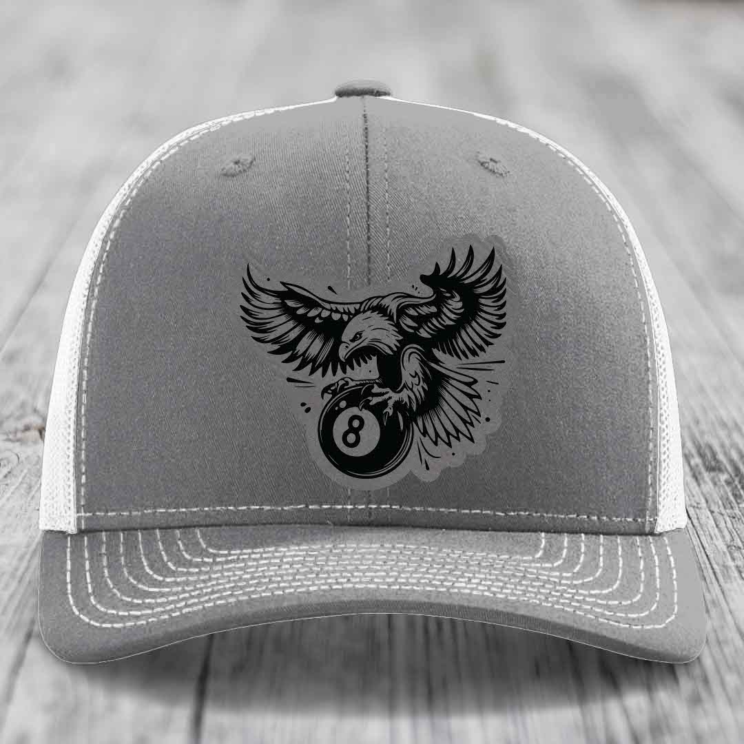 Eagle 8 Ball - Leather Patch Hat - Grey to Black Patch - Richardson 112 Snapback Trucker Hat