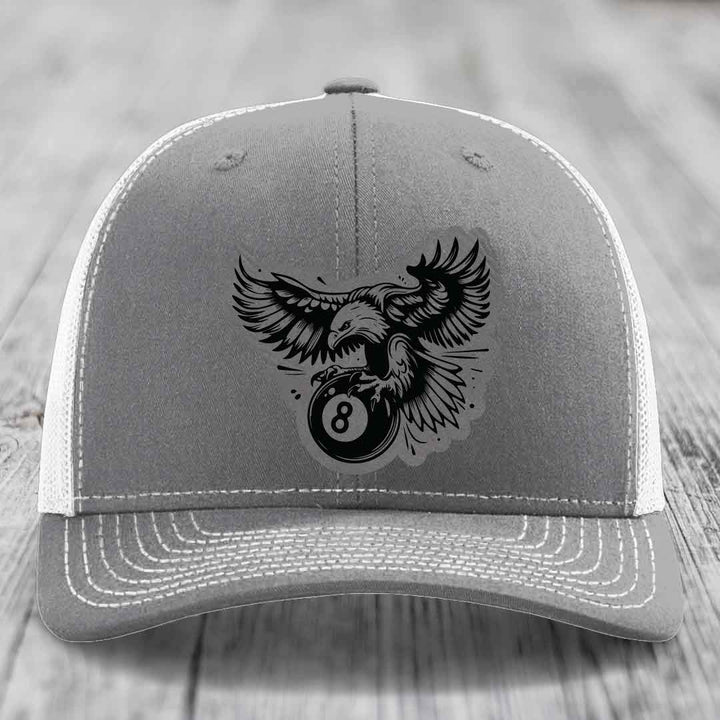 Eagle 8 Ball - Leather Patch Hat - Grey to Black Patch - Richardson 112 Snapback Trucker Hat
