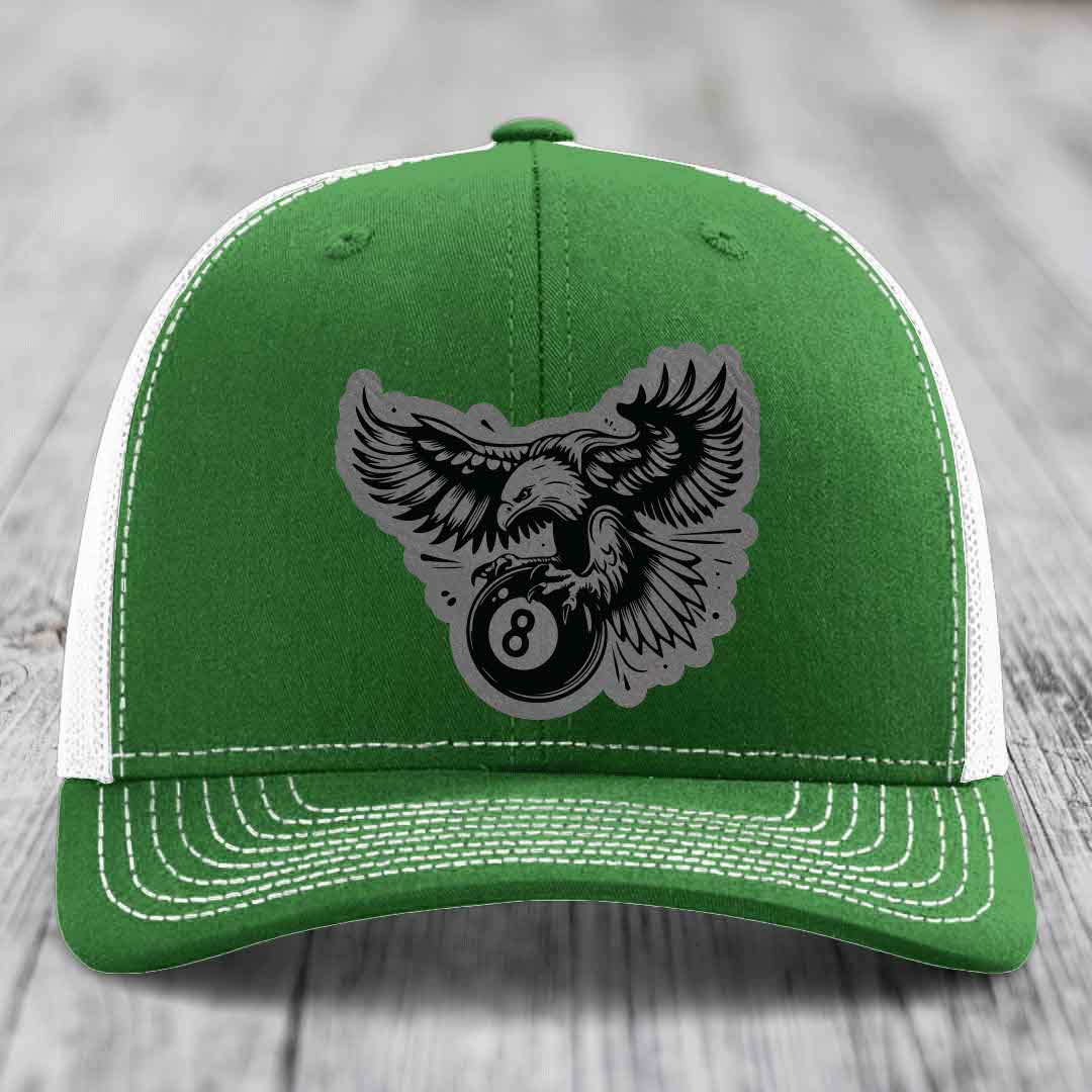 Eagle 8 Ball - Leather Patch Hat - Grey to Black Patch - Richardson 112 Snapback Trucker Hat