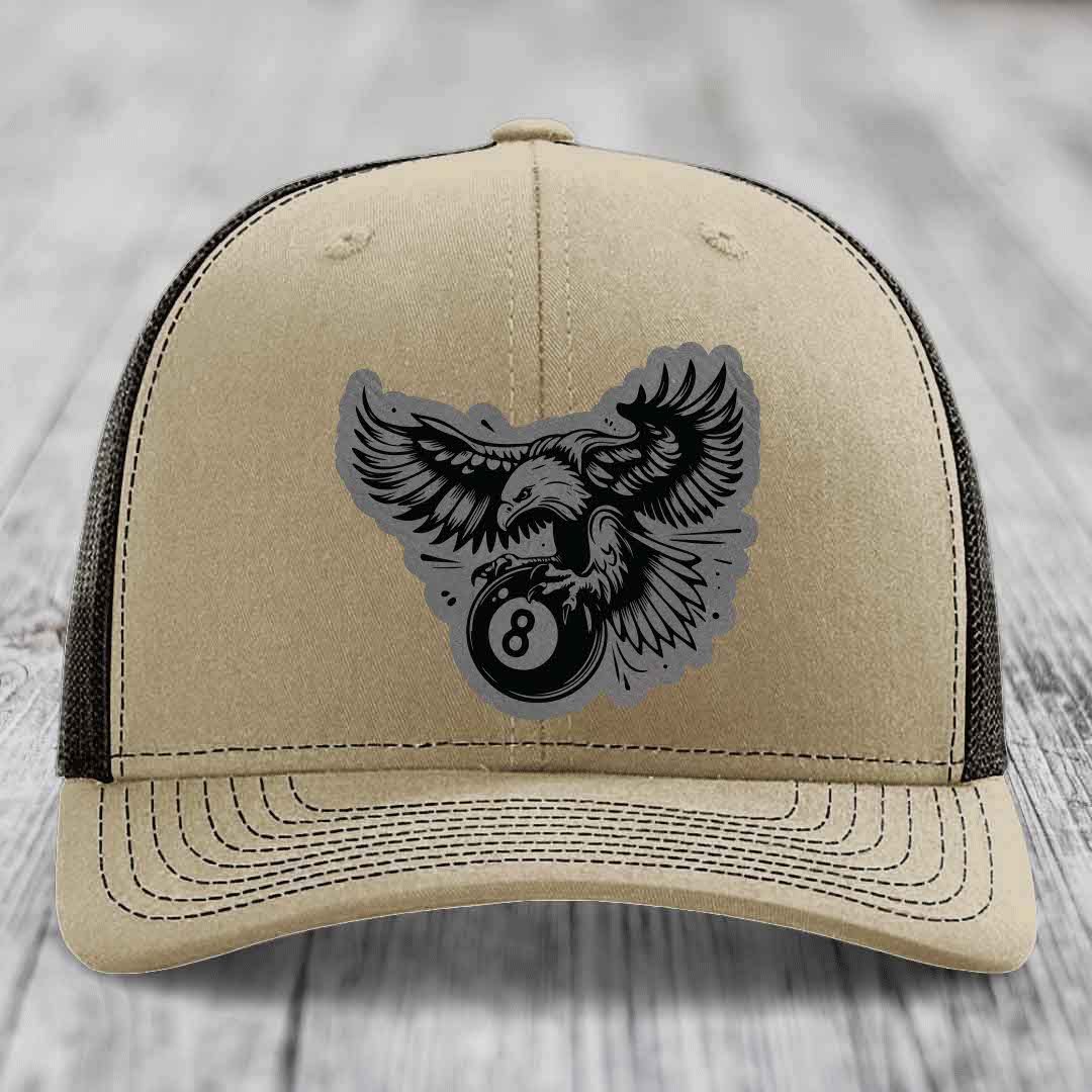 Eagle 8 Ball - Leather Patch Hat - Grey to Black Patch - Richardson 112 Snapback Trucker Hat