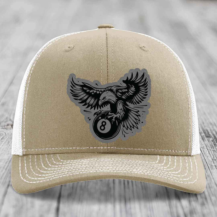 Eagle 8 Ball - Leather Patch Hat - Grey to Black Patch - Richardson 112 Snapback Trucker Hat