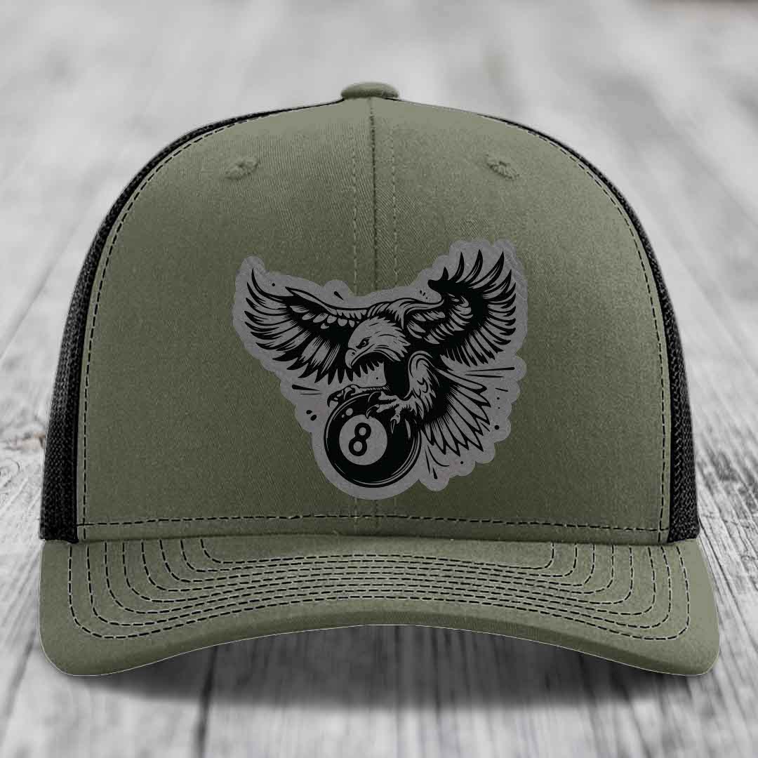 Eagle 8 Ball - Leather Patch Hat - Grey to Black Patch - Richardson 112 Snapback Trucker Hat