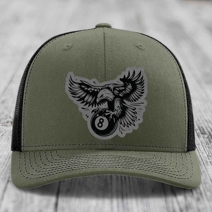 Eagle 8 Ball - Leather Patch Hat - Grey to Black Patch - Richardson 112 Snapback Trucker Hat