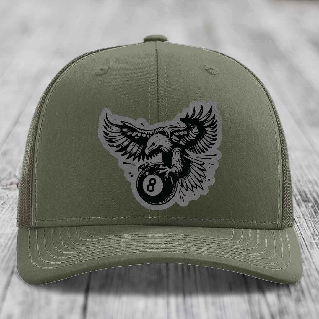 Eagle 8 Ball - Leather Patch Hat - Grey to Black Patch - Richardson 112 Snapback Trucker Hat