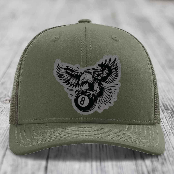 Eagle 8 Ball - Leather Patch Hat - Grey to Black Patch - Richardson 112 Snapback Trucker Hat