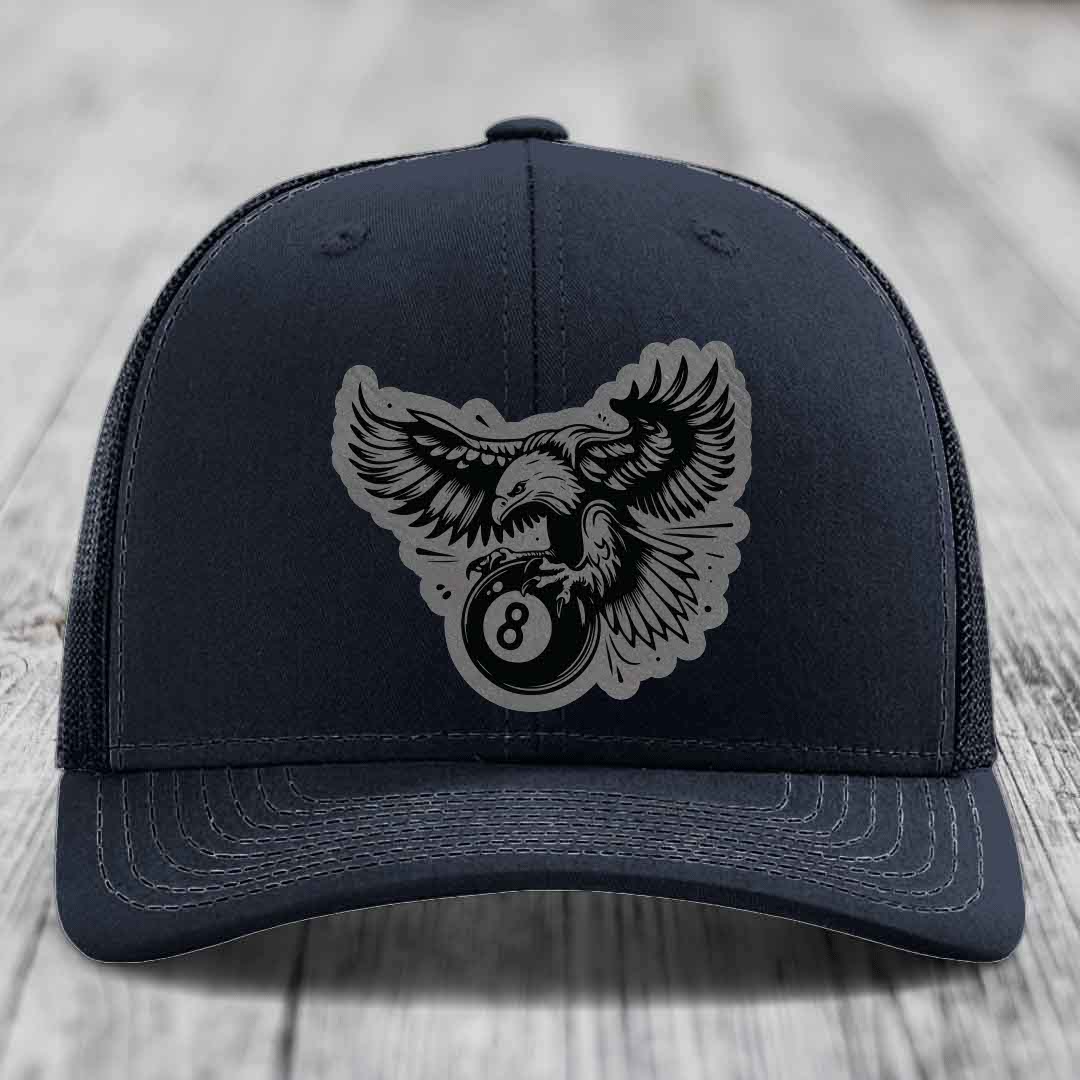 Eagle 8 Ball - Leather Patch Hat - Grey to Black Patch - Richardson 112 Snapback Trucker Hat
