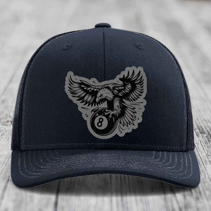 Eagle 8 Ball - Leather Patch Hat - Grey to Black Patch - Richardson 112 Snapback Trucker Hat