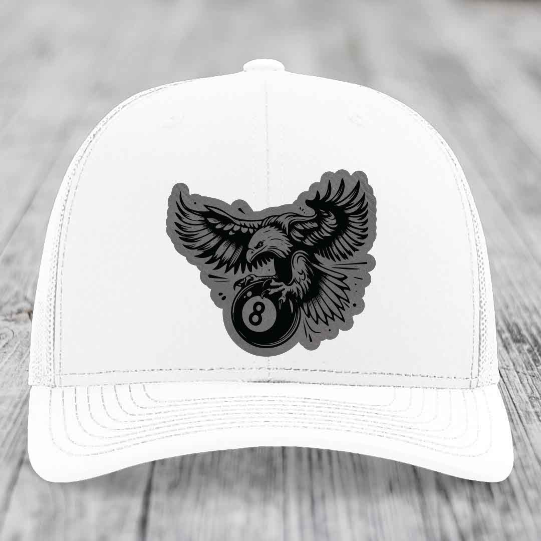 Eagle 8 Ball - Leather Patch Hat - Grey to Black Patch - Richardson 112 Snapback Trucker Hat