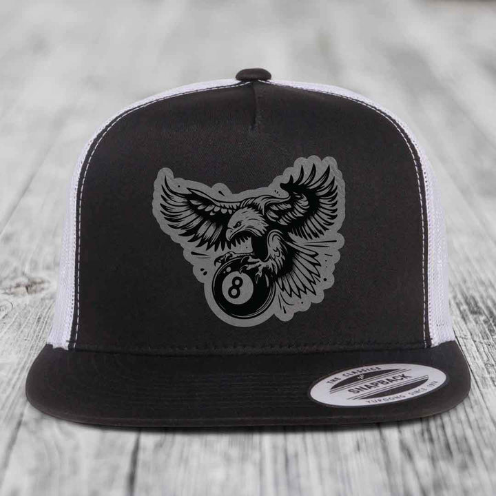 Eagle 8 Ball - Leather Patch Hat - Grey to Black Patch - Yupoong 6006 Snapback Flatbill Hat