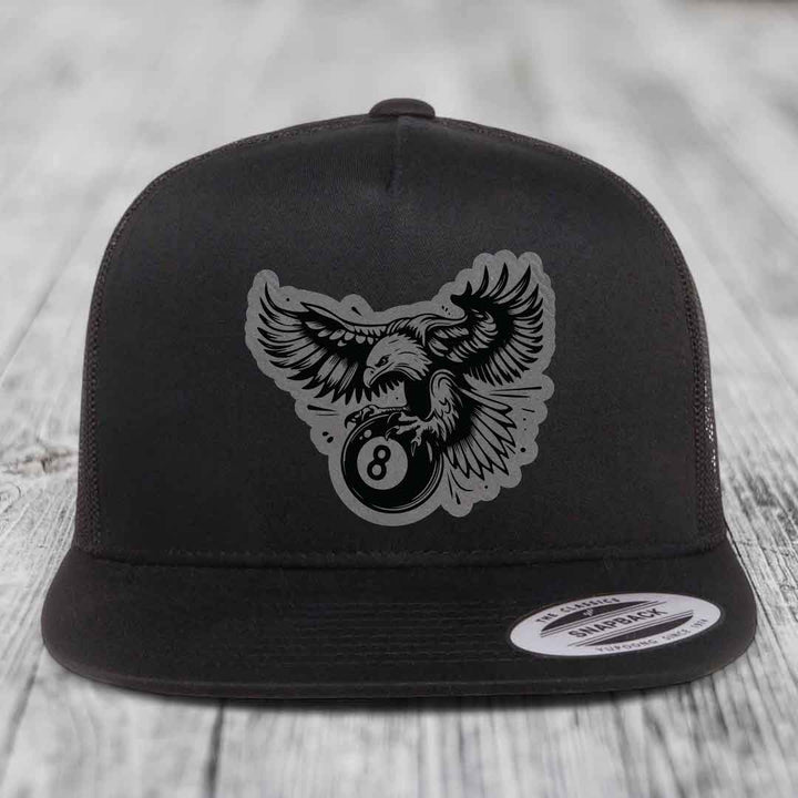 Eagle 8 Ball - Leather Patch Hat - Grey to Black Patch - Yupoong 6006 Snapback Flatbill Hat