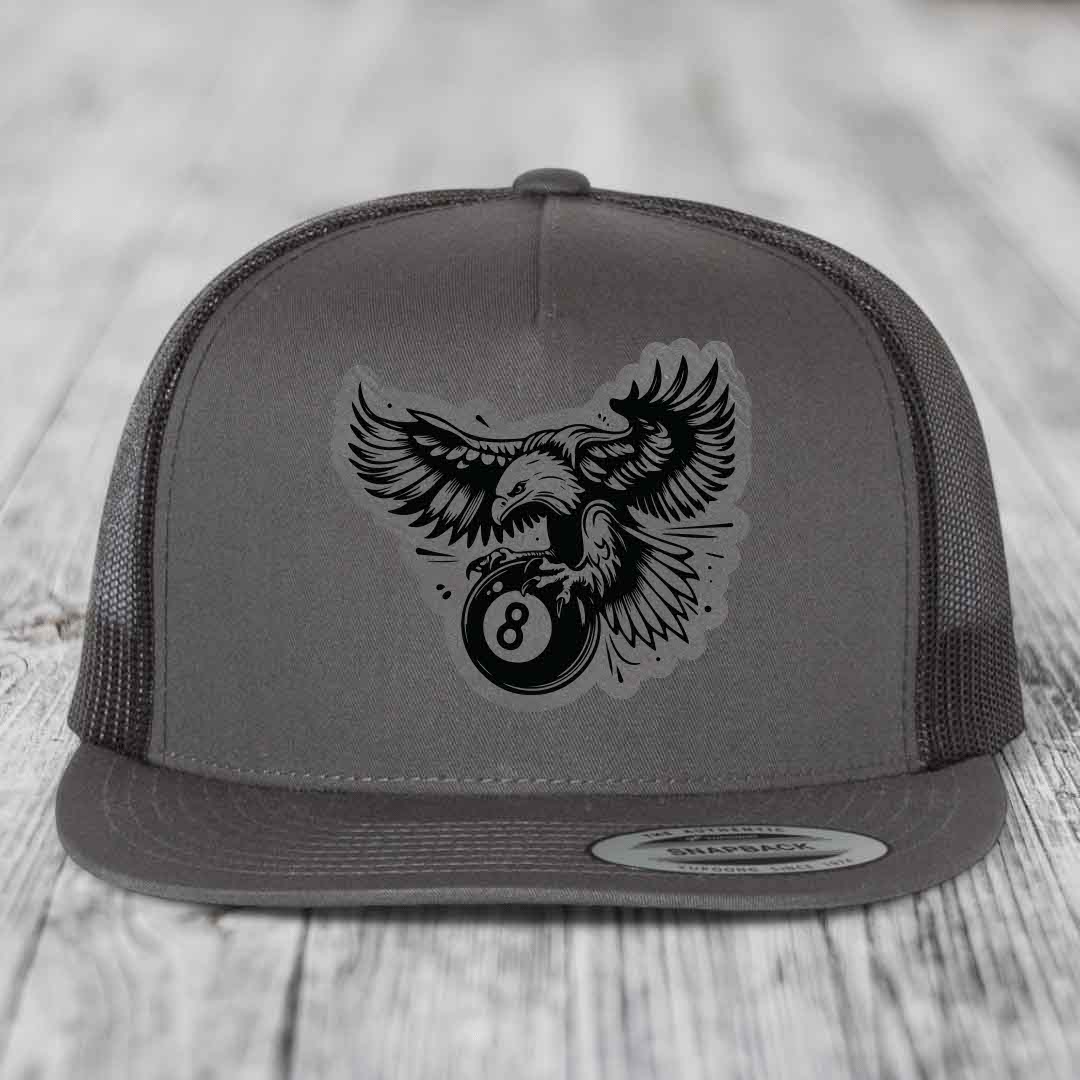 Eagle 8 Ball - Leather Patch Hat - Grey to Black Patch - Yupoong 6006 Snapback Flatbill Hat