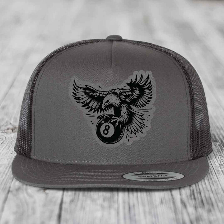 Eagle 8 Ball - Leather Patch Hat - Grey to Black Patch - Yupoong 6006 Snapback Flatbill Hat