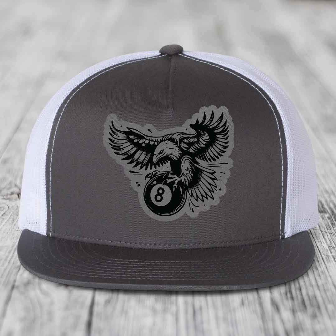Eagle 8 Ball - Leather Patch Hat - Grey to Black Patch - Yupoong 6006 Snapback Flatbill Hat