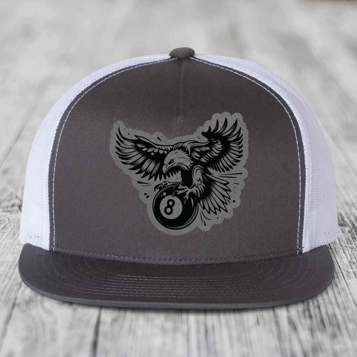 Eagle 8 Ball - Leather Patch Hat - Grey to Black Patch - Yupoong 6006 Snapback Flatbill Hat