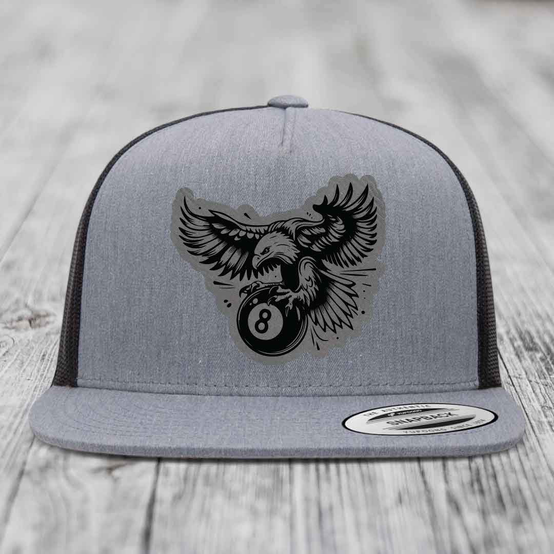 Eagle 8 Ball - Leather Patch Hat - Grey to Black Patch - Yupoong 6006 Snapback Flatbill Hat