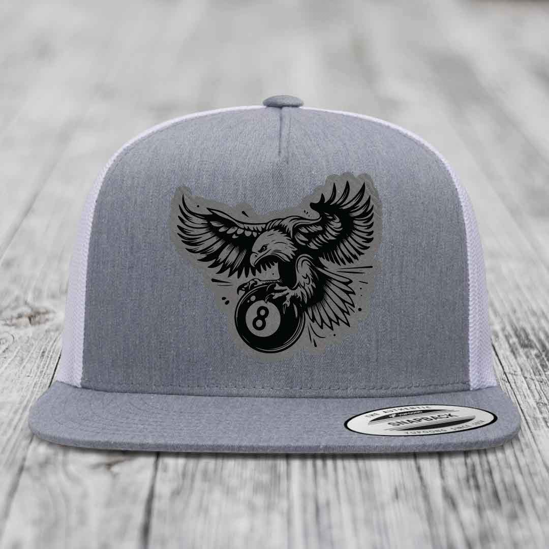 Eagle 8 Ball - Leather Patch Hat - Grey to Black Patch - Yupoong 6006 Snapback Flatbill Hat
