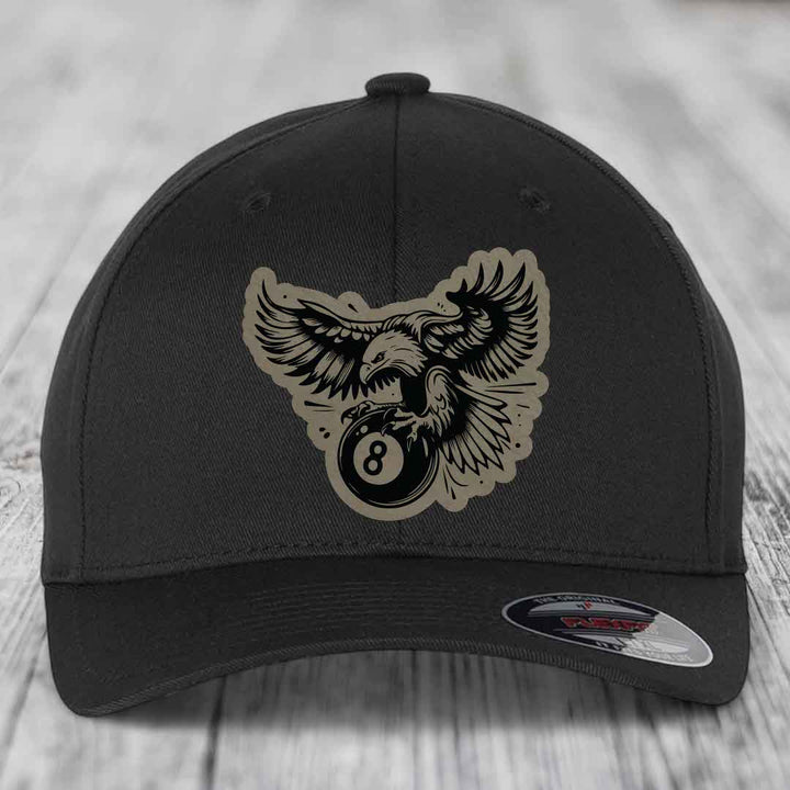 Eagle 8 Ball - Leather Patch Hat - Light Brown to Black Patch - Flexfit 6277 Fitted Hat