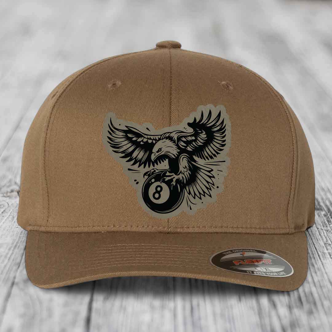 Eagle 8 Ball - Leather Patch Hat - Light Brown to Black Patch - Flexfit 6277 Fitted Hat