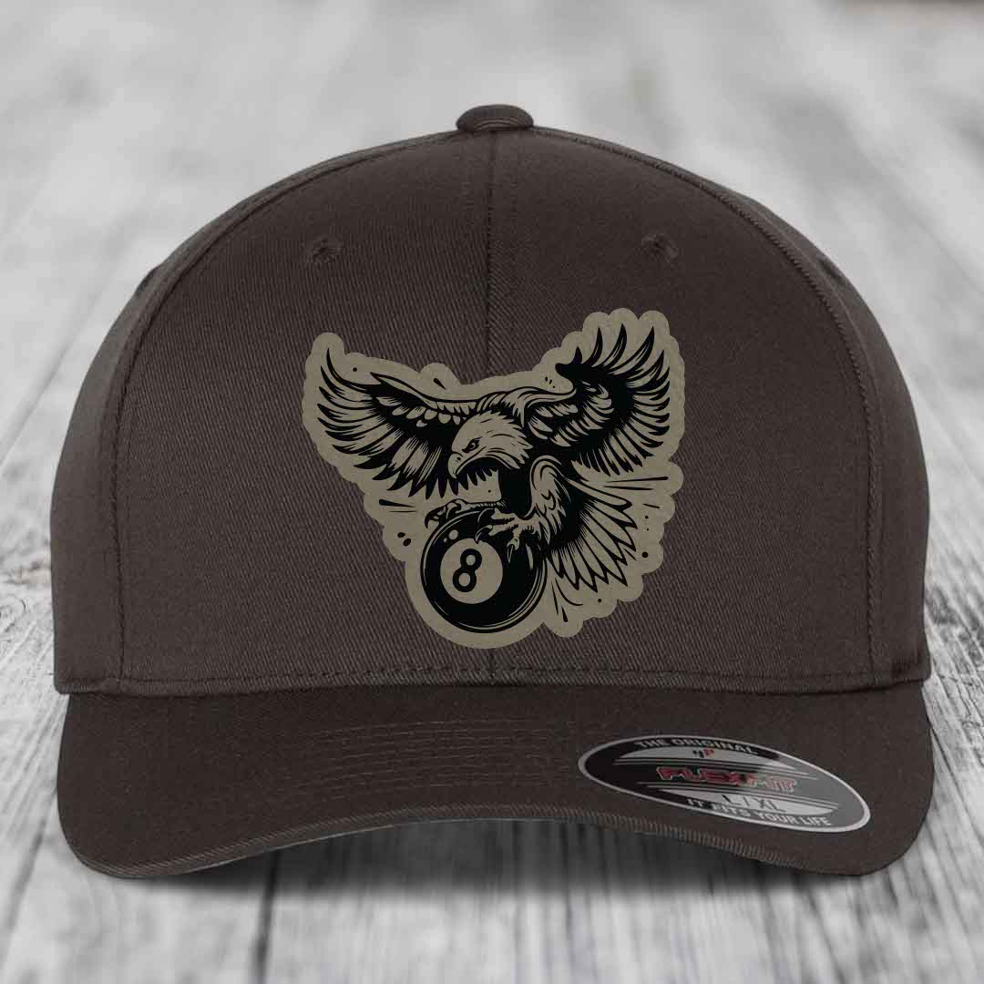 Eagle 8 Ball - Leather Patch Hat - Light Brown to Black Patch - Flexfit 6277 Fitted Hat