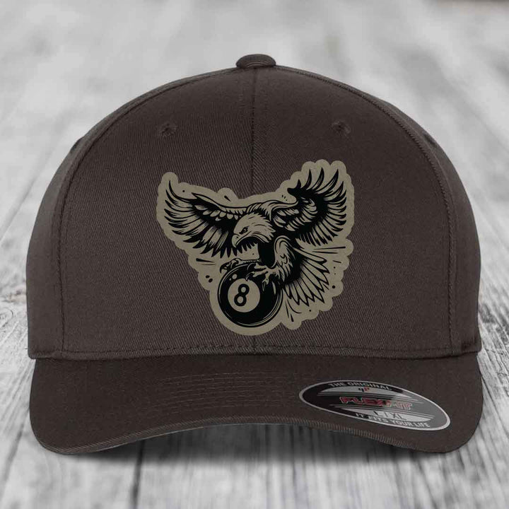 Eagle 8 Ball - Leather Patch Hat - Light Brown to Black Patch - Flexfit 6277 Fitted Hat