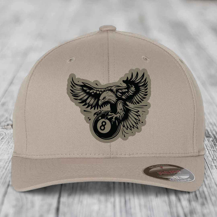 Eagle 8 Ball - Leather Patch Hat - Light Brown to Black Patch - Flexfit 6277 Fitted Hat